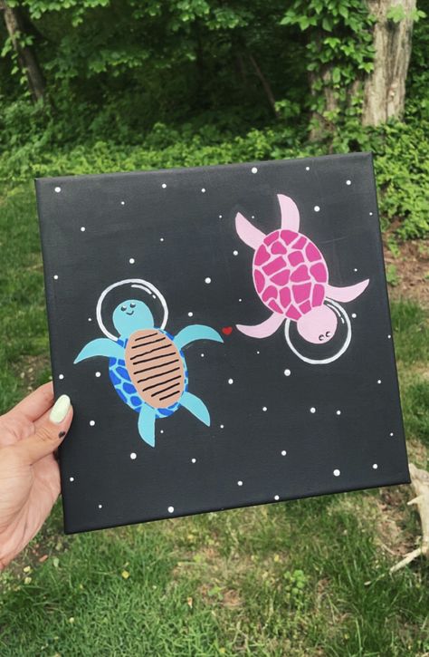 Turtles In Space Painting, Canvas Painting Ideas Cottagecore, Small Cute Painting Ideas, Turtle Canvas Painting Easy, Very Easy Canvas Paintings, Things To Paint Your Best Friend, Cute Canvas Art Ideas, Easy Cute Painting Ideas For Boyfriend, Brother Painting Ideas