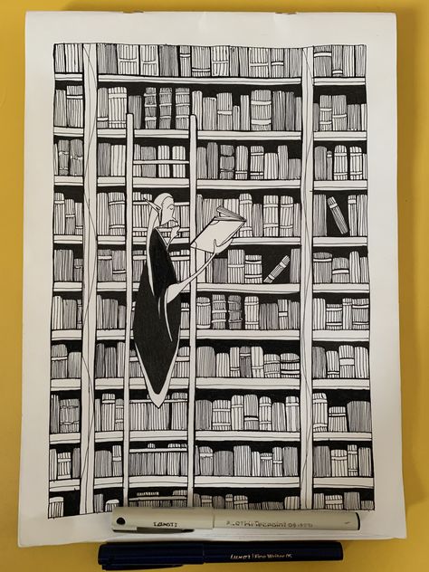 Simple Library Drawing, Library Tattoo Book Lovers, Book Case Drawing, Bookstack Drawing, Library Doodle, Lover Doodle, Library Drawing, Easy Pictures To Draw, Book Tower