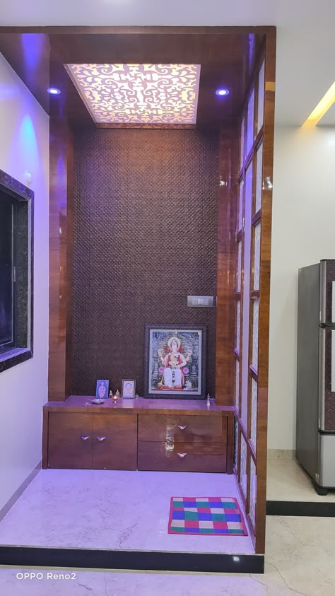 Pooja Room Design For Apartments, Mandir Partition Ideas, Puja Unit With Partition, Interior Design God Room, Puja Unit In Bedroom, Puja Space In Living Room, Devghar Partition Design, Pooja Room For Small Apartments, Pooja Room Small Space