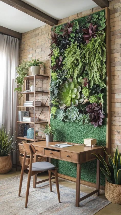 20 Creative Ways to Decorate Behind Your Desk - Home with Ava Gold Office Decor Ideas, Floating Shelves With Plants, Office Wall Decor Ideas, Dream Home Library, Zen Office, Small Library, Gold Office Decor, Light Green Walls, Boho Office