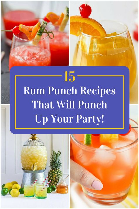 Collage of 4 rum punch recipes. Summer Rum Drinks, Rum Punch Drink, Coconut Rum Punches, Bartender Recipes, Alcoholic Punch Recipes, Summer Punch, Rum Punch Recipes, Party Punch Recipes, Rum Cocktail Recipes