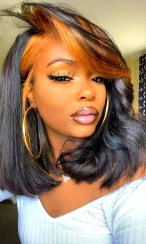 Bob With Color Underneath, Money Piece Hair Black Women, Peekaboo Bob Black Women, 2 Toned Hair Color Ideas, Highlighted Bob Wig, Black With Brown Highlights, Peek A Boo Color, Pink Peach Hair, Highlighted Bob