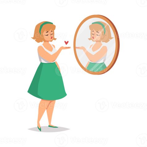 Smiling positive girl looks at her reflection in mirror and send love to self. Mirror Illustration, Mirror Drawings, Send Love, Mirror Reflection, Girl Drawing, Free Png, Art Style, Royalty, Royalty Free