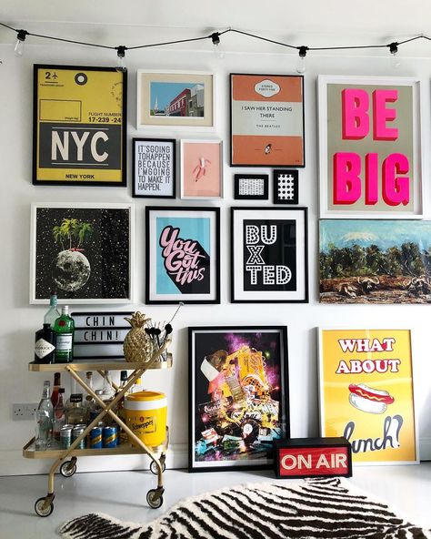 Print Club London on Instagram: “@nest_twenty_eight has recently updated her incredible gallery with one of our Blisters: Season Seven prints by Oli Fowler, inspired by TV…” Retro Gallery Wall Ideas, 70s Gallery Wall, Casa Rock, Deco Cinema, Gallery Decor, Gallery Wall Inspiration, Gallery Wall Living Room, Bar Cart Decor, Gallery Wall Prints