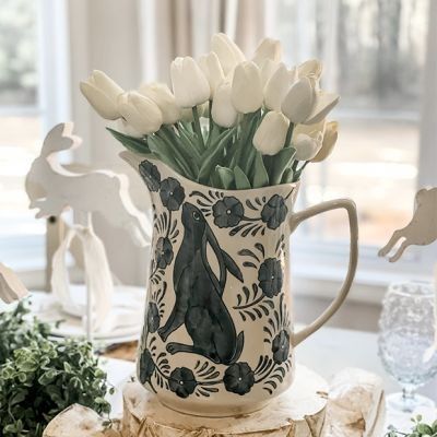 BARN AND BLOOM | Shop Sales Events Antique Farmhouse Farmhouse Plates, Pitcher With Flowers, Rabbit And Flowers, Painted Rabbit, Farmhouse Dinnerware, Kitchen Antique, Hanging Basket Wall, Rustic Dinnerware, Stoneware Pitcher