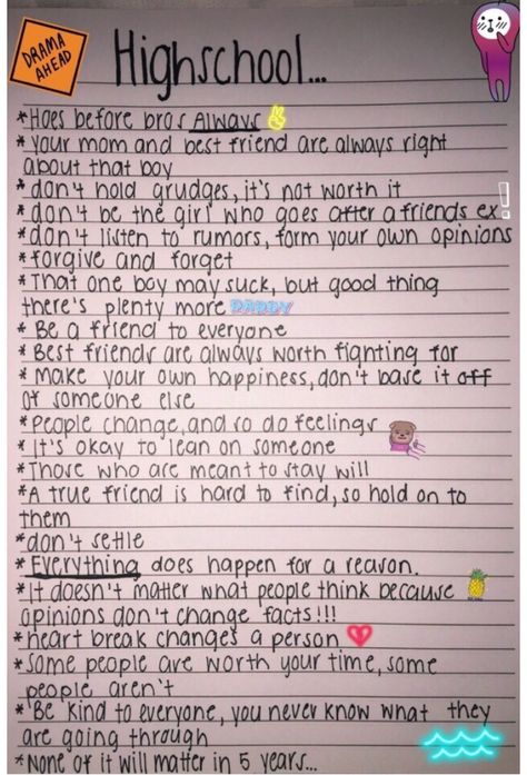 Highschool Journal Ideas, High School Journal Ideas, Teen Bucket List High Schools, Back To School Bucket List, High School Ideas Activities, Senior Year Advice, Fun Things To Do At School, School Bucket List, Highschool Tips