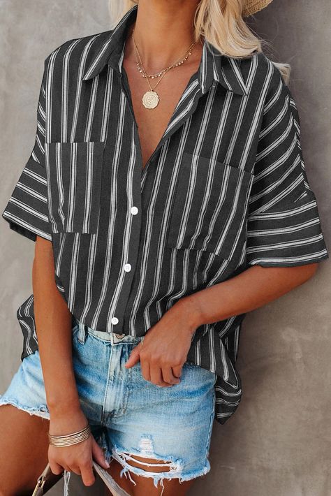 Shirt Collar Styles, Striped Short Sleeve Shirt, Blouse Tops, Casual Stripes, Turndown Collar, Collar Top, Casual Tank Tops, Matching Top, Striped Blouse