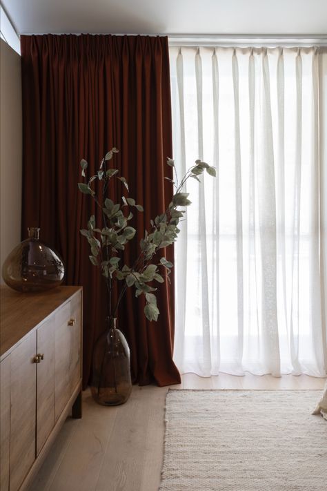 Red drapes, modern credenza Curtains & Drapes, Curtains Living Room Mid Century Modern, Mid Century Blinds, Mesh Curtains Bedroom, Mid Century Modern Bedroom Curtain Ideas, Curtains Mid Century Modern, Mid Century Modern Curtains Living Rooms, Mid Century Modern Living Room Curtains, Mcm Window Treatments