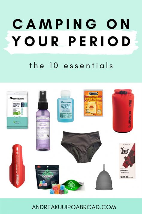 How to camp on your period. The 10 essentials for camping on your period. Tips and hacks for camping on your period. #camping #period #periodhacks #menstruation #outdoorwomen How To Survive Periods, Camping On Your Period, Camping On Your Period Hacks, Period Travel Hacks, Camping Hygiene Women, How To Make Your Period Start, Camping Essentials For Women, Period Wellness, Period Essentials