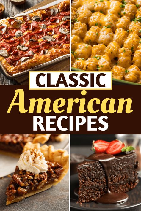 From grilled cheese and burgers to cheesecake and apple pie, these classic American recipes are irresistible. Make all of your favorites for a feast to remember! Tasty American Eats, American Classic Recipes, United States Recipes, American Appetizers Classic, American Meals Traditional, American Diner Food Recipes, All American Dinner Ideas, American Pasta Recipes, All American Recipes