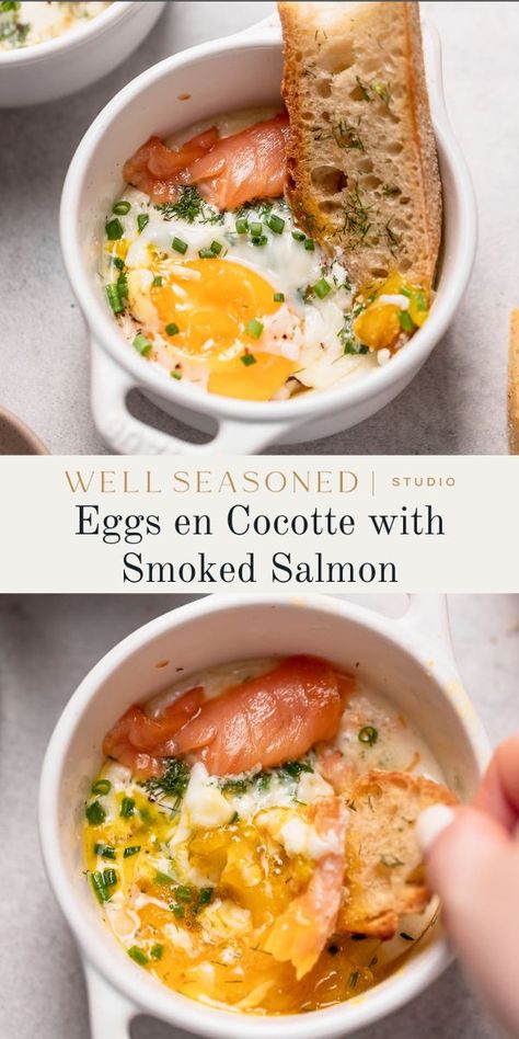 Jammy Egg Recipe, French Style Baked Eggs, Eggs Smoked Salmon, Eggs Salmon Breakfast, Breakfast With Fish, French Egg Breakfast, Egg And Smoked Salmon Breakfast, Cream Egg Recipes, Salmon Eggs Recipe