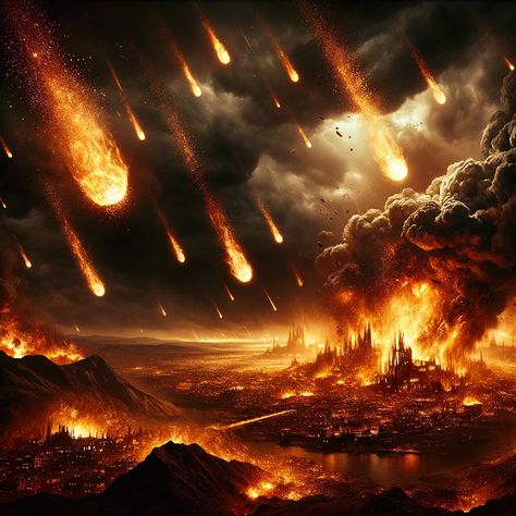 A dramatic, high-quality depiction of Sodom and Gomorrah being struck by fire and brimstone. The cities are engulfed in flames, with fiery meteor-like brimstone falling from a dark, ominous sky. The image captures the intensity and destructive power of this biblical event, emphasizing the theme of divine wrath. Destruction Of Sodom And Gomorrah, Planet Destruction Art, Burning City Art, Destruction Aesthetic, Destruction Power, World Burning, Sodom Gomorrah, City Destruction, Destruction Art