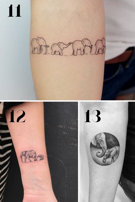 Elephant Tattoo Ideas full of Wisdom & Soul - tattooglee Elephant Family Tattoo Design, Elephant Tattoo Family, Family Elephant Tattoo Ideas, Fine Line Elephant Family Tattoo, Small Elephant Family Tattoo, Elephant Tattoos Family, Mom Elephant Tattoo, Family Of Elephants Tattoo, Small Elephant Tattoo Ideas