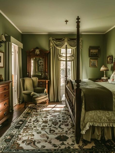 Olive Green Bedroom, Olive Bedroom, Olive Green Bedrooms, Green Bedroom Design, Victorian Bedroom, Green Bedroom, Bedroom Design Ideas, Dreamy Bedrooms, Bedroom Green