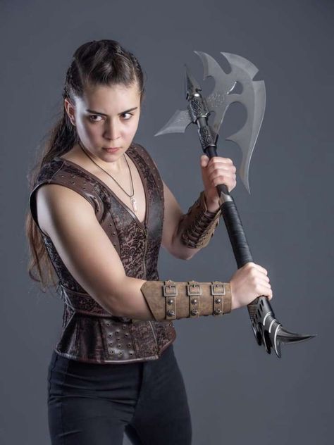 Slingshot Pose Reference, Holding Mace Reference, Strong Poses Women, Holding Axes Reference Pose, Female Fighter Pose Reference, Axes Pose Reference, Person With Spear Reference, Poses With A Spear, Theatrical Poses