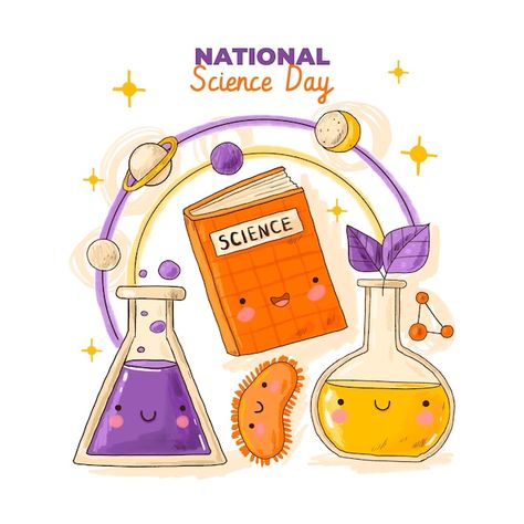 Hand drawn national science day illustra... | Premium Vector #Freepik #vector #science-day #celebration-illustration #science-education #science-research Science Experiment Illustration, Science Projects Drawings, National Science Day Poster Drawing, Science Day Project Ideas, Science Paintings Ideas, World Science Day Poster, Science Day Poster Drawing, Physics Design Ideas, Science Illustration Design