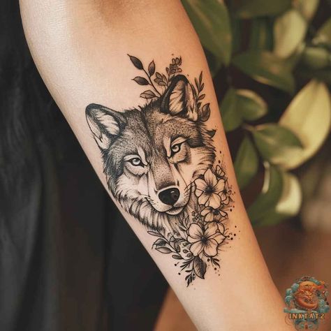 Wolf Tattoo With Roses, Dreamcatcher Tattoo Sleeve, Girly Wolf Tattoo, Simplistic Wolf Tattoo, Women’s Wolf Tattoo, Flower Wolf Tattoo, Wolf Wrist Tattoo, Wolves Tattoos For Women, Wolf Goddess Tattoo