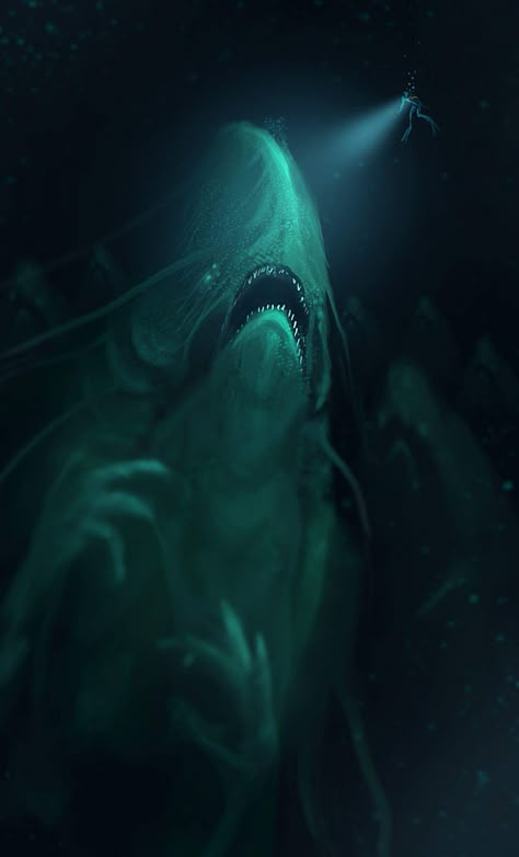 Ocean Monster Art, Deep Sea Creatures Art, Ocean Horror, Scary Underwater Creatures Art, Giant Sea Monster Art, Underwater Horror Art, Monster Shark Fantasy Art, Scary Ocean, Ocean Monsters