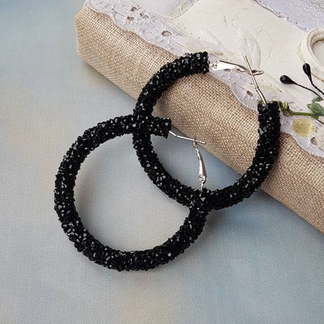 Snow Earrings, Black Hoop Earrings, Beadwork Jewelry, Black Hoops Earrings, Mommy Quotes, Bling Earrings, Crown Necklace, Beaded Crochet, Earrings Big