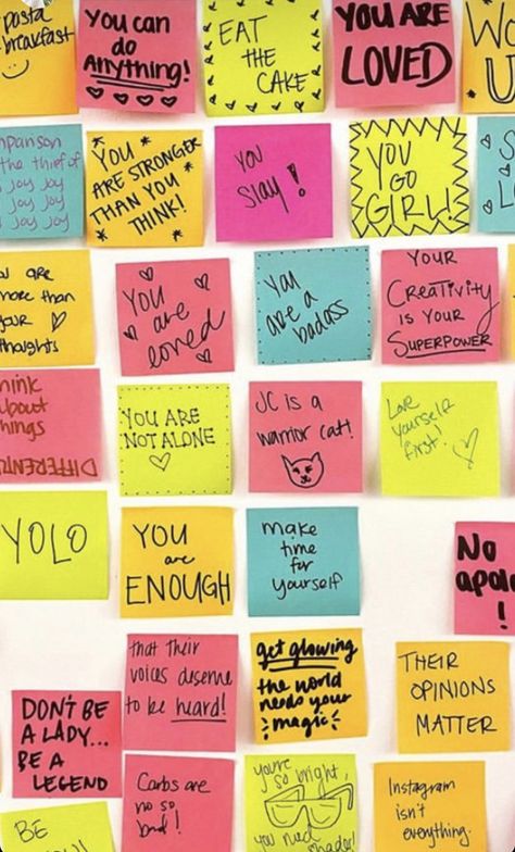 Kindness Sticky Notes, Stick Notes Ideas Wall Study, Positive Notes For Friends, Stikynote Ideas Wall, Sticky Notes Ideas Wall Post It Art, Kind Notes To Strangers, Sticky Notes Ideas Wall Bedroom, Stick Notes Ideas Wall, Sticky Note Affirmations