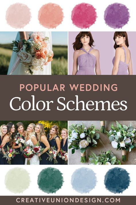 Struggling to decide on your wedding color scheme? Get inspired with our color palettes for your bridesmaid dresses, decorations, stationery, favors and more! Family Wedding Color Scheme, Wedding Shower Color Schemes, Country Wedding Color Schemes Spring, Summer Mountain Wedding Color Palette, Rustic Wedding Colors Summer, Wedding Color Schemes April, Engagement Party Color Schemes, Summer Wedding Color Palette 2025, Spring Wedding Color Palette Colour Schemes