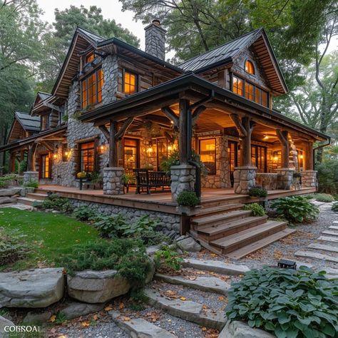 Houses In The Woods, Muskoka Cottage, Stone Cabin, Rustic House Plans, Stone And Wood, Stone Cottages, Build A Home, Cabin Exterior, Rustic Home Design