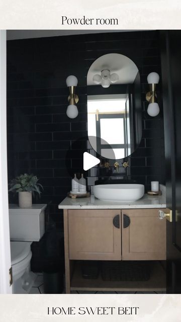 Rania | Home & Lifestyle on Instagram: "A moody powder room will always have my heart! 

Paint: tricorn black @sherwinwilliams 
Floors & backsplash tile: @daltile 

Comment below with ‘link’ and I’ll send you the direct link to shop my reel! Or head to my bio and click the link to shop now. 

#bathroomdecor #homedecor #moodyvibes #interiordesign #homeinspo #cozyhome #relaxationstation" Moody Powder Room, Mohawk® Montrose Parisian Midnight Black 8 X 8 Encaustic Porcelain Floor And Wall Tile, Tricorn Black, Relaxation Station, Backsplash Tile, Home Lifestyle, Tile Backsplash, Powder Room, Cozy House