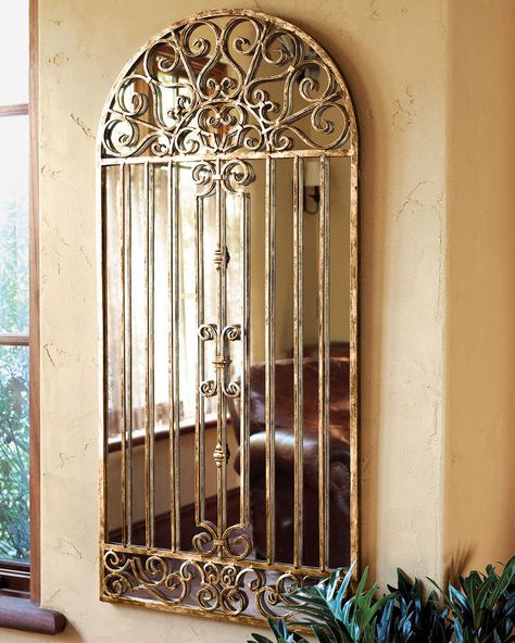 Garden Gate Mirror Iron Garden Gates, Tuscan Design, Garden Mirrors, Vintage Doors, Mirrored Wall, Arch Mirror, Tuscan Decorating, Iron Work, Garden Gate