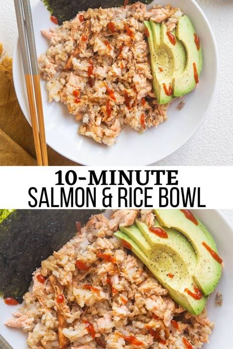 Salmon Recipes Shredded, Sushi Bowl With Canned Salmon, Spicy Canned Salmon Rice Bowl, Things To Make With Canned Salmon, Salmon Over Rice Recipes, How To Use Leftover Salmon, Salmon Packet Recipes Lunch, Leftover Salmon Lunch Ideas, Recipes Using Salmon Pouches