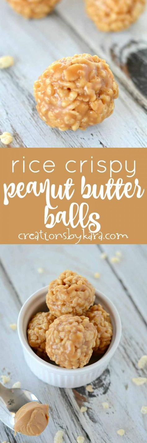 Easy no-bake crispy peanut butter balls are always a hit. They are naturally gluten free, and so addicting! #nobakecrispypeanutbutterballs #peanutbutterballs #peanutbuttertreats #crispypeanutbutterballs #creationsbykara Rice Crispy Peanut Butter Balls, Rice Crispy Peanut Butter, Crispy Peanut Butter Balls, Brownie Vegan, Weight Watcher Desserts, Easy Candy Recipes, Butter Balls, Dessert Aux Fruits, Peanut Butter Balls