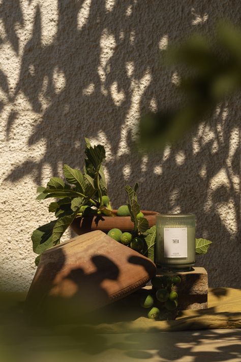 Outdoor Candle Photography, Earthy Product Photography, Candle Editorial, Mediterranean Background, Branding Infographic, Candle Photoshoot, Mint Aesthetic, Mediterranean Aesthetic, Candles Photography