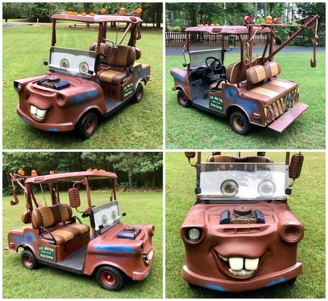 You Could Own Your Very Own 'Tow Mater' Golf Cart Atv Decorations For Parade, Golf Cart Ideas Custom, Custom Golf Carts Ideas, Diy Golf Cart, Tow Mater Golf Cart, Golf Cart Ideas, Club Car Golf Cart Makeover, Golf Cart Customization, Pimped Out Golf Cart