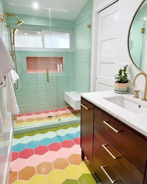 Rainbow Installation, Bright Colored Bathrooms, Rainbow Bathroom, Rainbow Tile, Chasing Rainbows, Hexagon Tile, Fireclay Tile, Girls Bathroom, Bathroom Floor Tiles