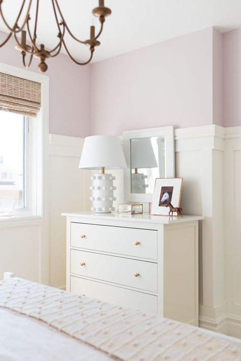 Recreate this sweet equestrian-inspired girls' bedroom in shades of purple with vintage horse art, playful patterns, and timeless furniture. Wainscoting Girls Bedroom, Pale Lavender Bedroom, Pale Purple Bedroom, Purple Board And Batten, Lavender Girls Bedroom, Girls Bedroom Ideas Purple, Girl Bedroom Paint, Light Purple Bedroom Walls, Light Purple Girls Bedroom