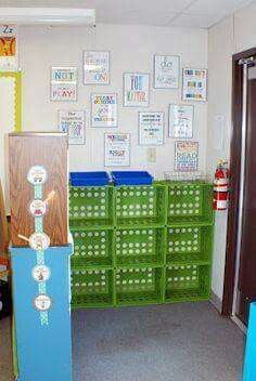 Storage Ideas Classroom, Daycare Cubbies, Cubby Bookshelf, Portable Classroom, Teachers Week, Teaching Organization, Classroom Tour, Crate Ideas, Classroom Layout