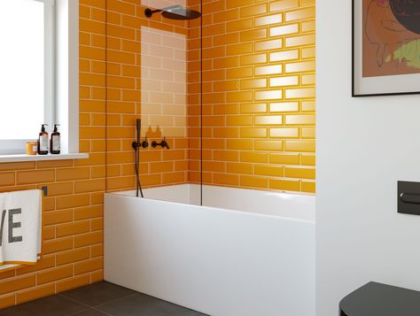 Orange Bathroom Tiles, Bathroom Wall Design Ideas, Small Funky Bathroom Ideas, Yellow Tile Bathroom Ideas, Orange Bathroom Ideas, Orange Bathroom Walls, Bathroom Wall Design, Metro Tiles Bathroom, 1950s Interior Design