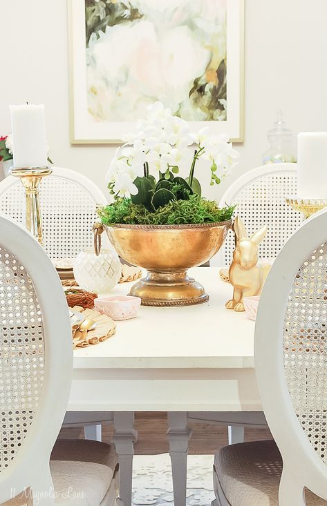 Easy Orchid Centerpiece & Easter Tablescape | 11 Magnolia Lane Moss Centerpieces Dining Room, Orchid Centerpiece Dining Room, Orchid Center Piece, Orchid Table Centerpiece, Bowl Centerpiece Ideas, Bed Showroom, Dining Room Table Centerpiece Ideas, Orchid Centerpiece, Dining Room Table Centerpiece