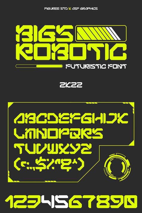 Bigs Robotic is a futuristic and robotic-styled display font. It features geometric shapes, straight lines, and zigzags for an overall modern and very cool appearance! Built to be perfect for headlines, jerseys, logos, branding, posters, packaging, advertising, and much more. #robot #future #space #futuristic Robot Font, Y2k Moodboard, Fancy Fonts Alphabet, Space Futuristic, Typography Styles, Designer Grafico, Typography Aesthetic, Futuristic Y2k, Packaging Advertising