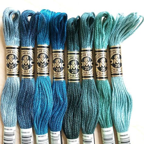 Our favorite blue color pallette of DMC embroidery threads, curtesy of @flourishingfibers Blue Color Palette, Dmc Embroidery, Embroidery Threads, Blue Colour Palette, Sewing Material, Dmc Thread, Knit Stitch, Color Stories, Embroidery Floss