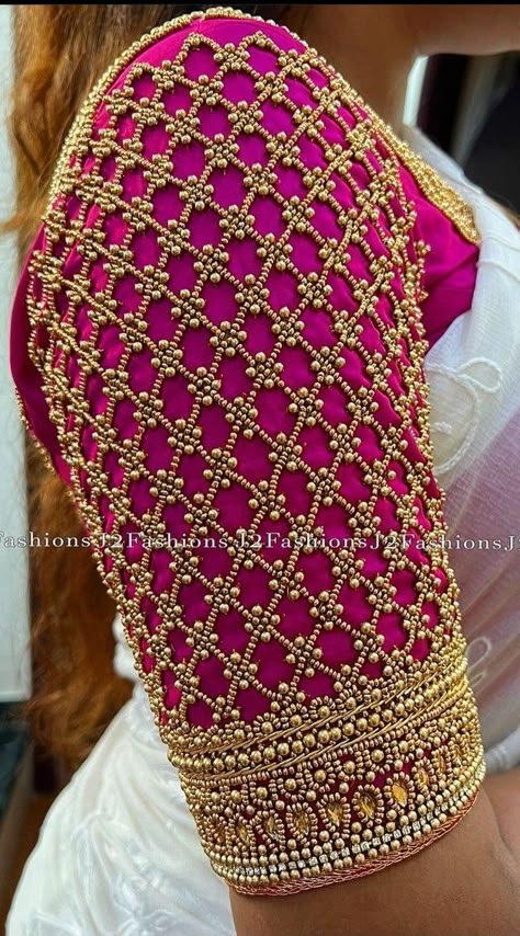 Aari Work Blouse Wedding Design, Maggam Work With Beads, Blouse Designs Embroidery Wedding, Checks Aari Work Blouse Designs, Blouse Hand Designs Work, Mugurtham Blouse Aari Work, Bridal Aari Work Blouse Designs Hand, Aari Work Blouse Checked Design, Aari Work Blouse For Wedding