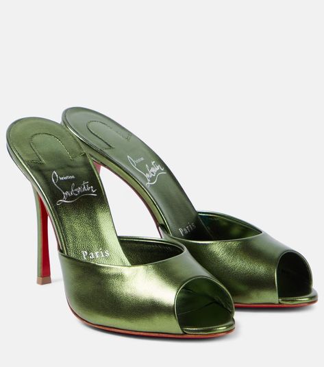 Me Dolly 100 metallic leather mules in green - Christian Louboutin | Mytheresa Louboutin Me Dolly, Louboutin Online, Spring Sunglasses, Minimal Shoes, High Sandals, Bridal Bag, Designer Pumps, Boot Jewelry, Classic Bags