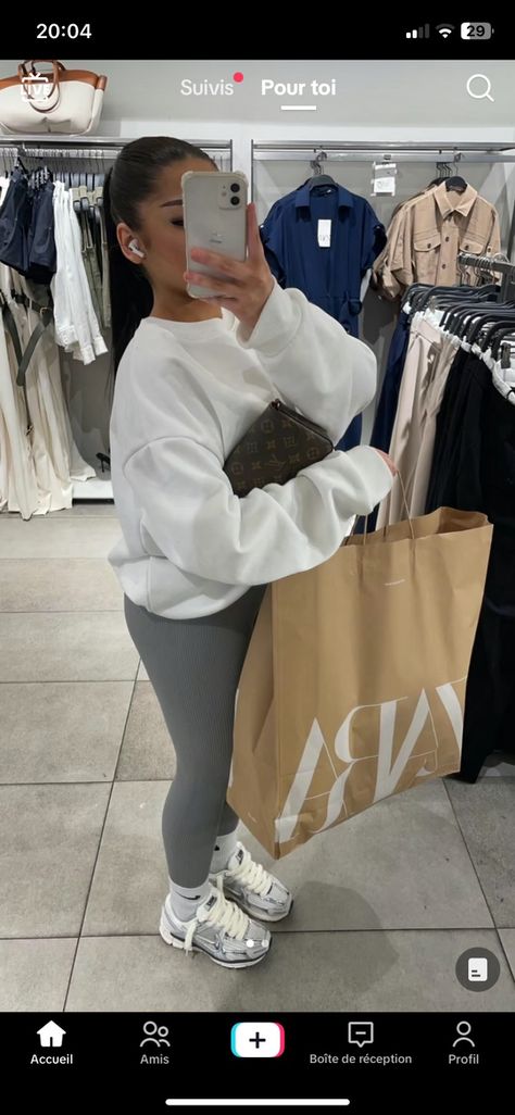 Sporty Set Outfit, Long Sleeved White Shirt Outfit, White Cement 3 Outfit Women, Sweater Off Shoulder Outfit, Aritzia Leggings Outfit, White Bag Outfit Aesthetic, Fade Salt Yeezy Outfit, Nike Tech Women Outfit, Sweatpants Outfits Black Women