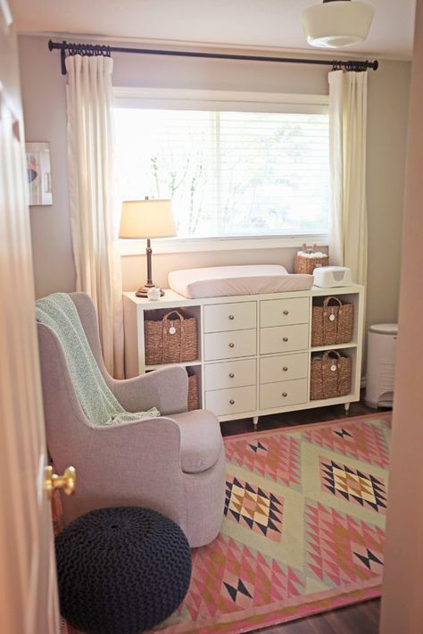 Apartment Nursery, Affordable Nursery, Nursery Hacks, Tiny Nursery, Small Space Nursery, Small Nursery, Ikea Desk Hack, Ikea Nursery, Small Nurseries