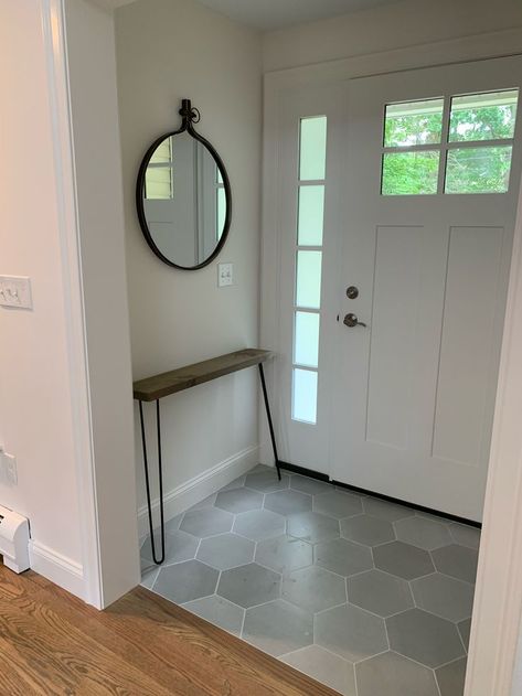 Grey Hexagon Tile Bathroom Floor, Foyer Tile Ideas, Entryway Tile Floor, Hexagon Tile Kitchen, Coastal Tile, Gray Hexagon Tile, Hexagon Tile Bathroom Floor, Tile To Wood Transition, Hexagon Tile Bathroom