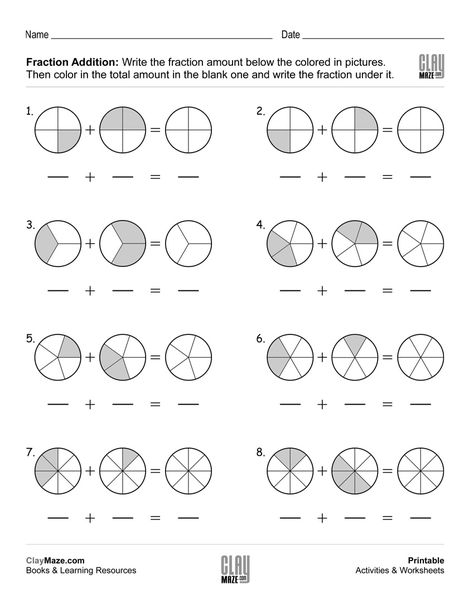 Math worksheet - fractions with the same denominators. Write the fractions below the pictures and add them. Color the sum in the picture and write the correct fraction under it… Fraction Division, Fractions Addition, Fraction Addition, Fraction Worksheet, Add Fractions, Addition Of Fractions, Math Fact Worksheets, Addition Worksheet, Simplifying Fractions