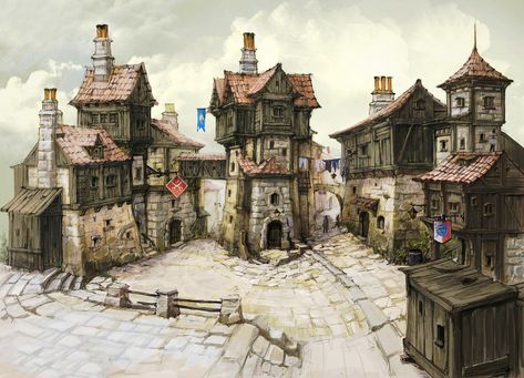 Chris Da Silva — Inspiration : Medieval buildings for 28 mm scale... Fantasy Village, Fantasy Town, Bd Art, Medieval City, Medieval Houses, Building Concept, City Background, Digital Art Gallery, Level Design