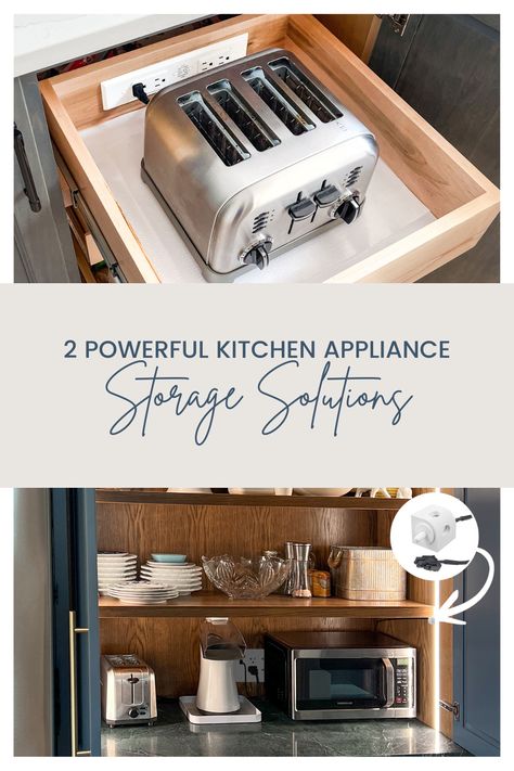 Discover 2️⃣ powerful appliance storage solutions that are guaranteed to enhance the aesthetic and functionality of any kitchen! #kitchenideas #appliancestorage #kitchenorganization Counter Appliance Organization, Air Fryer Storage Ideas, Appliance Garage Kitchen, Appliance Organization, Pop Up Outlets, Docking Drawer, Appliance Storage, Kitchen Appliance Storage, Appliance Garage