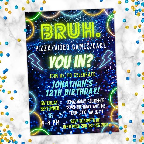 Introducing our "Bruh You In?" Boys Birthday Invitations – the ultimate choice for throwing a memorable and electrifying birthday party! Step into a world of vibrant colors and neon lights that will instantly set the tone for an epic celebration. Our invitations feature a mesmerizing neon glow lights design that captures the essence of fun and excitement. Perfect for Various Birthday Themes: Whether your child is a gaming enthusiast, a laser tag warrior, an arcade aficionado, or simply loves mov Roller Skating Party Invitations, Boys 8th Birthday, Arcade Birthday Parties, Laser Tag Party, Neon Birthday Party, Laser Tag Birthday, Glow Birthday Party, Skating Party, Roller Skating Party