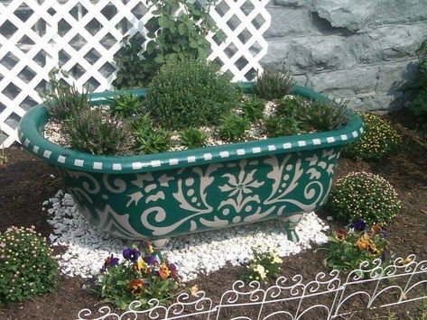 Backyard Bathroom Ideas, Mosaic Bathtub, Garden Tub Decor, Garden Tub Decorating, Bathtub Planter, Bathtub Garden, Garden Bathtub, Cast Iron Bathtub, Custom Cast