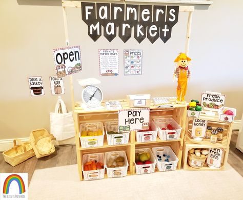 Farmer Dramatic Play, Farm Stand Dramatic Play, Farmers Market Play Area, Diy Kids Farmers Market Stand, Kids Farmers Market Stand, Farmers Market Dramatic Play, Kids Market Stand, Big Playroom, Kids Farmers Market